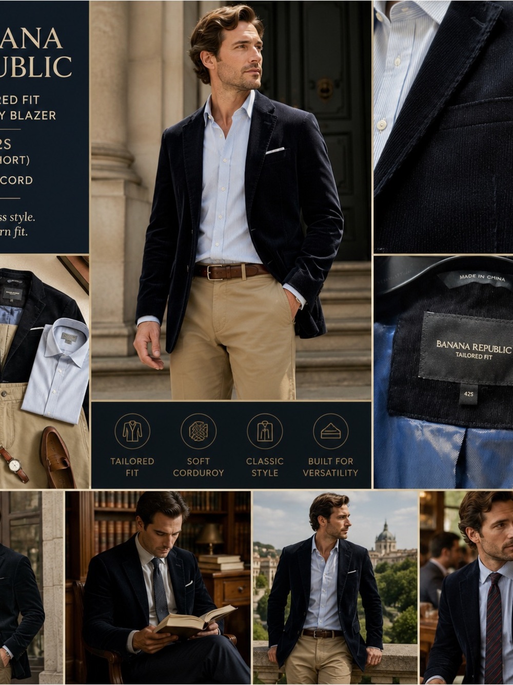 Banana Republic Blazer 42S Navy Corduroy Sport Coat Tailored Fit Cotton Jacket